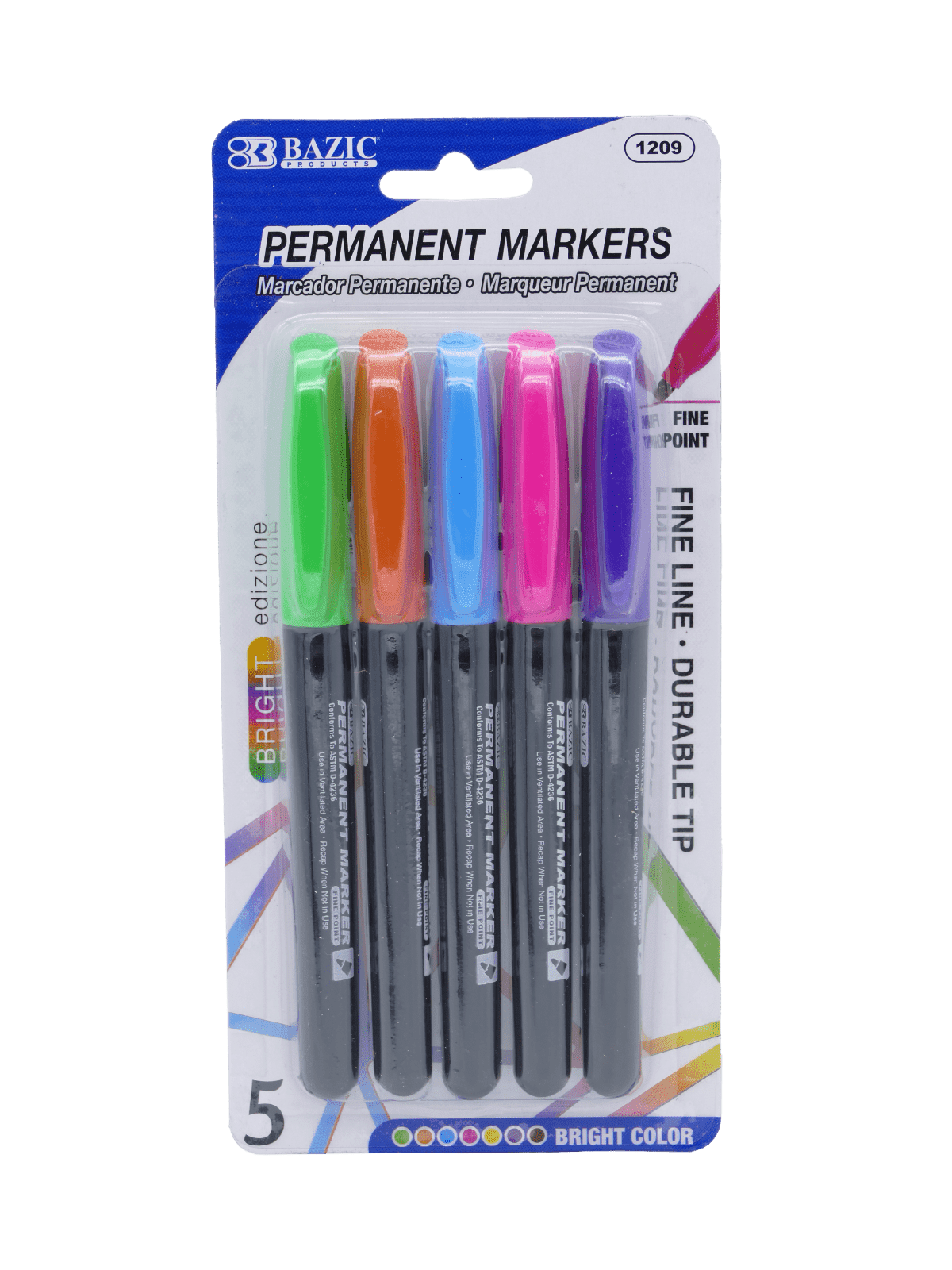 BAZIC Permanent Marker Fine Line Assorted Color Markers (5/Pack), 3